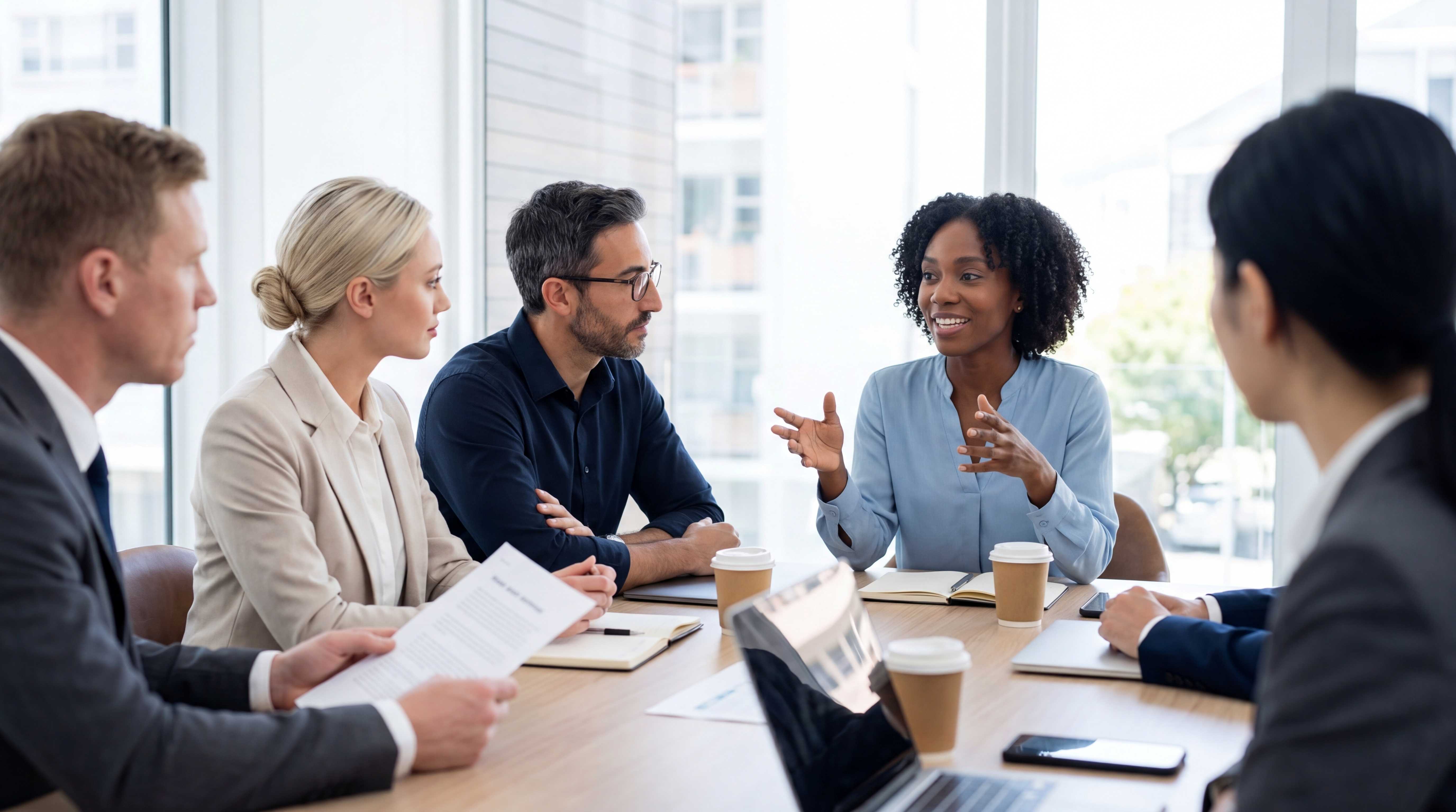 A group of professionals talk at a table with coffee, laptops, and papers.