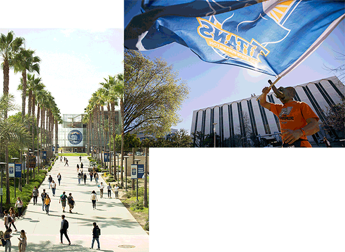 View of students walking on campus and Titan flag